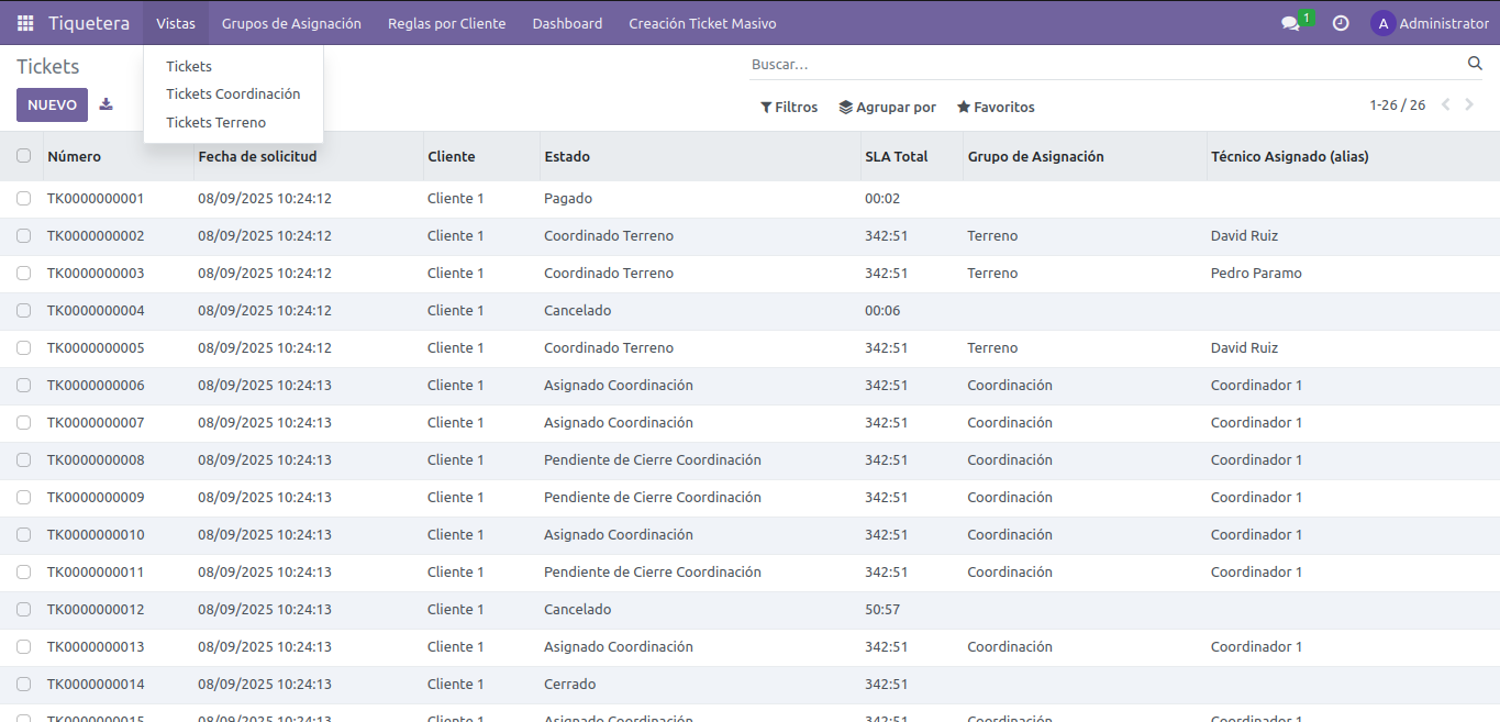 Vista de tickets
